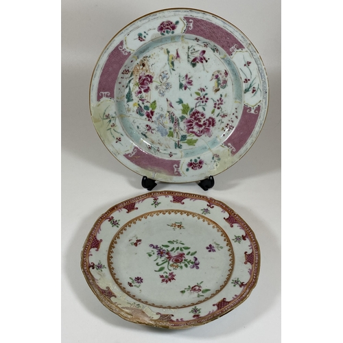 380 - TWO 18TH CENTURY CHINESE FAMILLE ROSE PORCELAIN PLATES, LARGEST DIAMETER 22CM