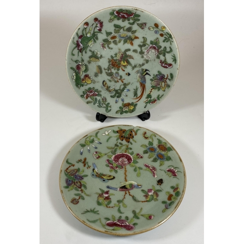 382 - A PAIR OF 19TH CENTURY QING CHINESE CELADON GROUND BIRD AND FLORAL DESIGN PLATES, DIAMETER 18CM