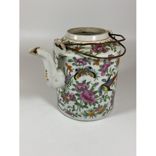 385 - A 19TH CENTURY CHINESE CANTON FAMILLE ROSE BIRD AND FLORAL DESIGN TEAPOT, HEIGHT 16CM