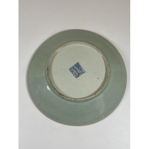 390 - A 19TH CENTURY QING CHINESE CELADON BIRD AND FLORAL PORCELAIN CHARGER PLATE, DIAMETER 24CM