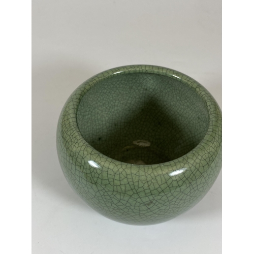 402 - A CHINESE CELADON CRACKLE GLAZE PORCELAIN POT / VASE, HEIGHT 9.5CM