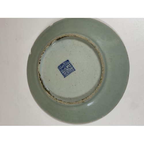 403 - A 19TH CENTURY QING CHINESE CELADON BIRD AND FLORAL PORCELAIN PLATE, DIAMETER 18CM