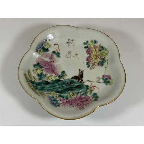 407 - A 19TH CENTURY CHINESE TONGZHI PORCELAIN FLORAL FOOTED DISH, SEAL MARK TO BASE, DIAMETER 16CM