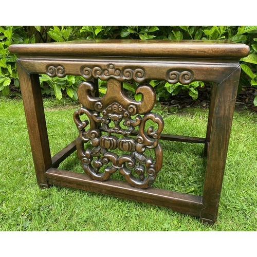 451 - AN ANTIQUE CHINESE HUANGHUALI STYLE CARVED ROSEWOOD LAMP TABLE WITH DRAGON DESIGN FRONT, 51 X 62 X 4... 