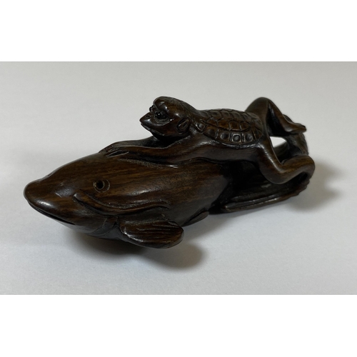 455 - AN ORIENTAL NETSUKE OF A TURTLE MONKEY RIDING A NAMAZU (EARTHQUAKE FISH) SIGNED TO BASE, LENGTH 6.5C... 