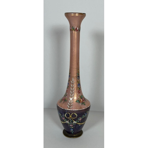 458 - AN ANTIQUE EUROPEAN PINK & PURPLE ENAMEL DESIGN VASE DECORATED WITH FLORAL SWAG DESIGN, HEIGHT 15.5C... 