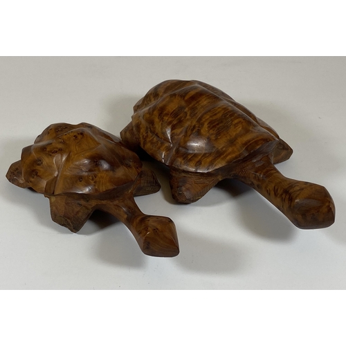 463 - A PAIR OF WALNUT EFFECT WOODEN TURTLES, LENGTH 18CM