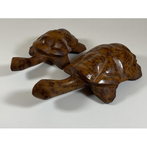 463 - A PAIR OF WALNUT EFFECT WOODEN TURTLES, LENGTH 18CM