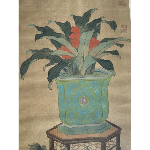 477 - A LARGE FRAMED ORIENTAL SILK PAINTING OF A VASE ON STAND, SIGNED WITH SEAL MARKS, 119 X 61CM