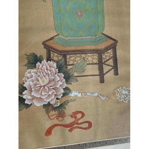 477 - A LARGE FRAMED ORIENTAL SILK PAINTING OF A VASE ON STAND, SIGNED WITH SEAL MARKS, 119 X 61CM