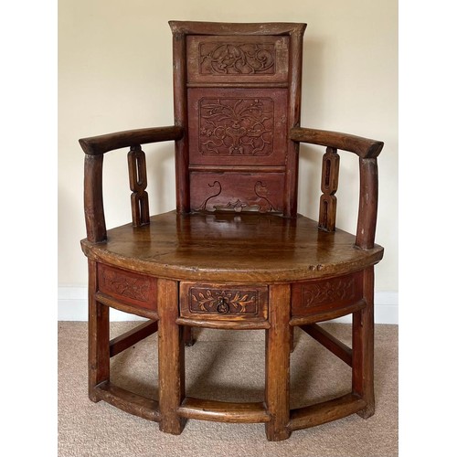 411 - A VINTAGE CHINESE CARVED HARDWOOD CHILD'S ARMCHAIR WITH LOWER DRAWER TO SEAT, HEIGHT 80CM, WIDTH 53C... 