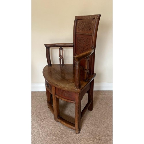 411 - A VINTAGE CHINESE CARVED HARDWOOD CHILD'S ARMCHAIR WITH LOWER DRAWER TO SEAT, HEIGHT 80CM, WIDTH 53C... 