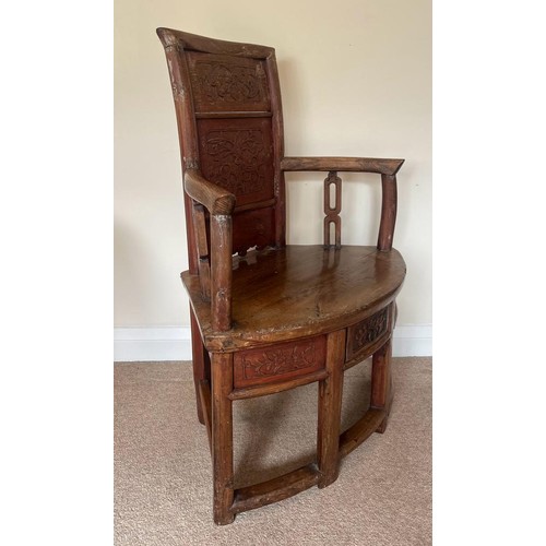 411 - A VINTAGE CHINESE CARVED HARDWOOD CHILD'S ARMCHAIR WITH LOWER DRAWER TO SEAT, HEIGHT 80CM, WIDTH 53C... 