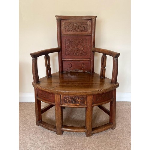 411 - A VINTAGE CHINESE CARVED HARDWOOD CHILD'S ARMCHAIR WITH LOWER DRAWER TO SEAT, HEIGHT 80CM, WIDTH 53C... 