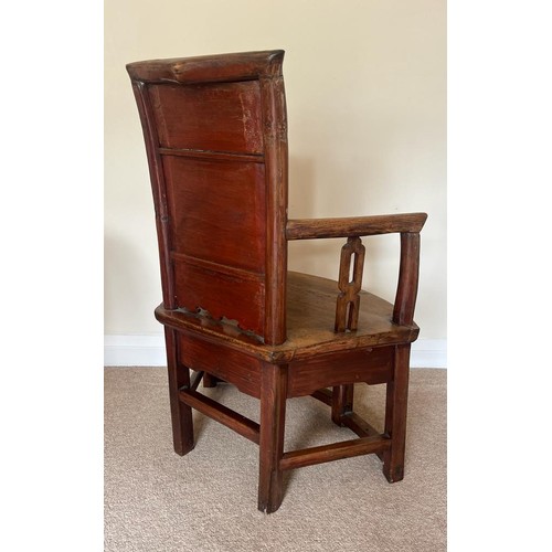 411 - A VINTAGE CHINESE CARVED HARDWOOD CHILD'S ARMCHAIR WITH LOWER DRAWER TO SEAT, HEIGHT 80CM, WIDTH 53C... 