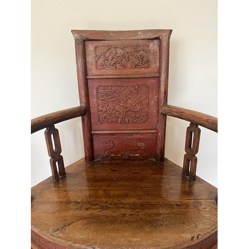 411 - A VINTAGE CHINESE CARVED HARDWOOD CHILD'S ARMCHAIR WITH LOWER DRAWER TO SEAT, HEIGHT 80CM, WIDTH 53C... 