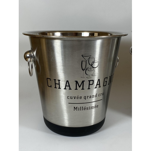 101 - A PAIR OF CHROME EFFECT CHAMPAGNE CUVEE GRAND CRU ICE BUCKETS, HEIGHT 21CM