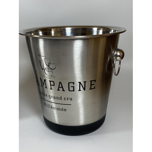 101 - A PAIR OF CHROME EFFECT CHAMPAGNE CUVEE GRAND CRU ICE BUCKETS, HEIGHT 21CM