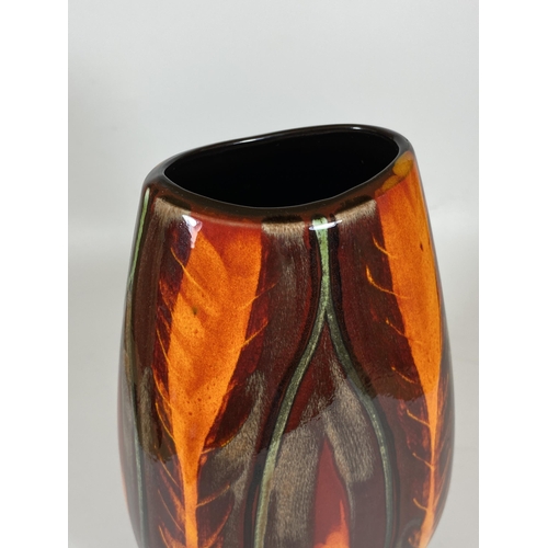 103 - A POOLE POTTERY ORANGE DELPHIS STYLE VASE, HEIGHT 25.5CM