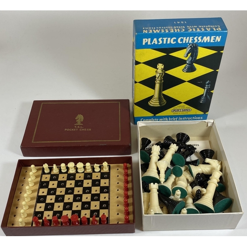 105 - TWO CHESS SETS - BOXED PLASTIC CHESSMEN AND T.S.L TRAVELLING SET, BOTH COMPLETE