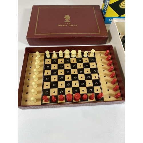 105 - TWO CHESS SETS - BOXED PLASTIC CHESSMEN AND T.S.L TRAVELLING SET, BOTH COMPLETE