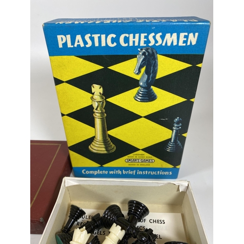 105 - TWO CHESS SETS - BOXED PLASTIC CHESSMEN AND T.S.L TRAVELLING SET, BOTH COMPLETE