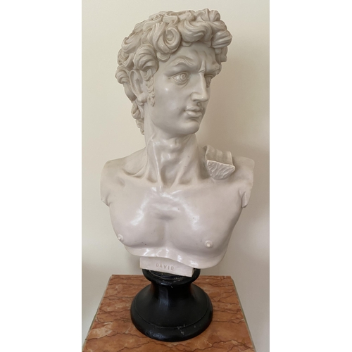 3 - AN ITALIAN MARBLE EFFECT RESIN BUST OF DAVID, HEIGHT 52CM