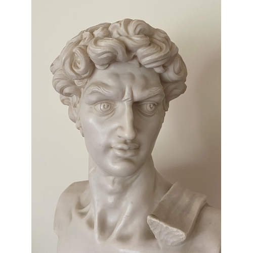 3 - AN ITALIAN MARBLE EFFECT RESIN BUST OF DAVID, HEIGHT 52CM