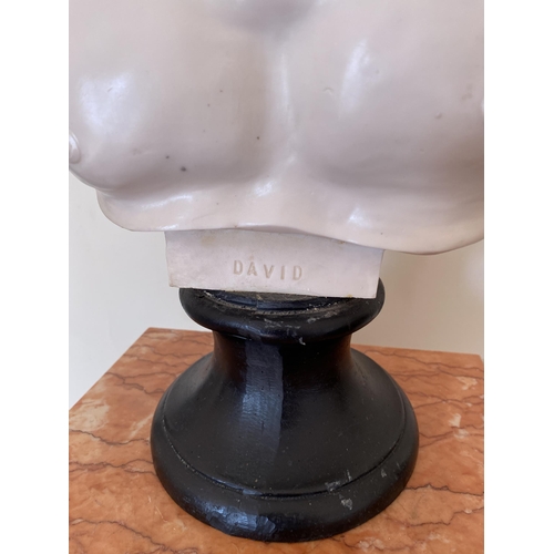 3 - AN ITALIAN MARBLE EFFECT RESIN BUST OF DAVID, HEIGHT 52CM