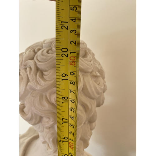 3 - AN ITALIAN MARBLE EFFECT RESIN BUST OF DAVID, HEIGHT 52CM