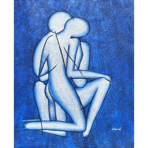 98 - AN UNFRAMED ABSTRACT ACRYLIC OIL ON CANVAS OF TWO FIGURES, SIGNED 'DAVID' 66 X 56CM