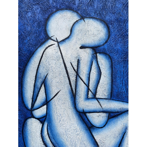 98 - AN UNFRAMED ABSTRACT ACRYLIC OIL ON CANVAS OF TWO FIGURES, SIGNED 'DAVID' 66 X 56CM