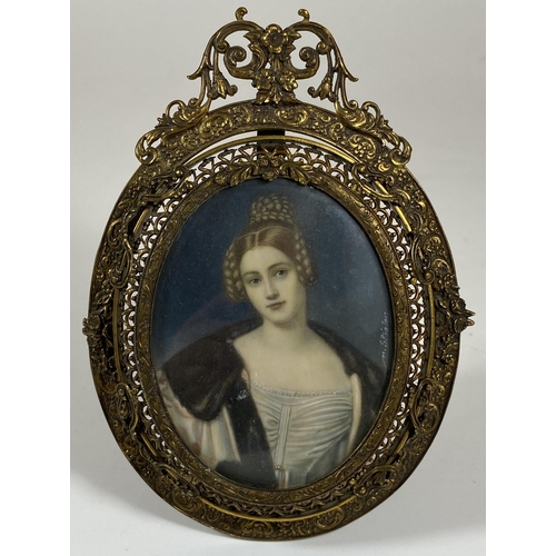 6 - AN EARLY 19TH CENTURY HAND PAINTED PORTRAIT OF A LADY, SIGNED M.STIELER, IN ORNATE BRASS OVAL FRAME ... 