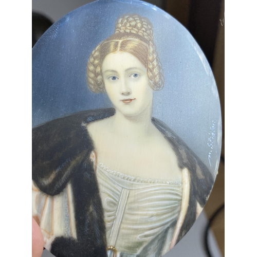 6 - AN EARLY 19TH CENTURY HAND PAINTED PORTRAIT OF A LADY, SIGNED M.STIELER, IN ORNATE BRASS OVAL FRAME ... 