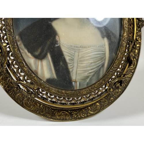 6 - AN EARLY 19TH CENTURY HAND PAINTED PORTRAIT OF A LADY, SIGNED M.STIELER, IN ORNATE BRASS OVAL FRAME ... 