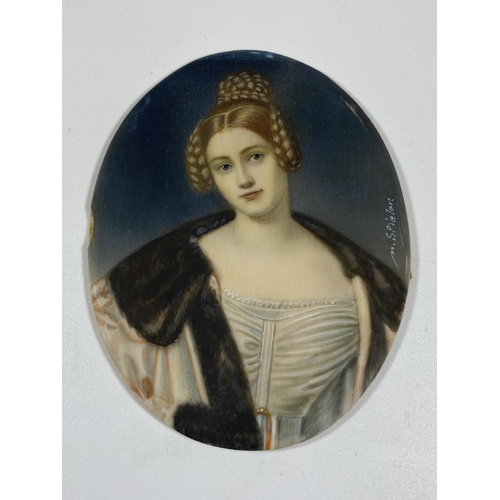 6 - AN EARLY 19TH CENTURY HAND PAINTED PORTRAIT OF A LADY, SIGNED M.STIELER, IN ORNATE BRASS OVAL FRAME ... 