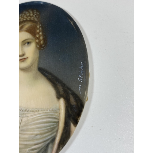 6 - AN EARLY 19TH CENTURY HAND PAINTED PORTRAIT OF A LADY, SIGNED M.STIELER, IN ORNATE BRASS OVAL FRAME ... 