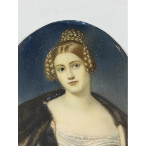 6 - AN EARLY 19TH CENTURY HAND PAINTED PORTRAIT OF A LADY, SIGNED M.STIELER, IN ORNATE BRASS OVAL FRAME ... 