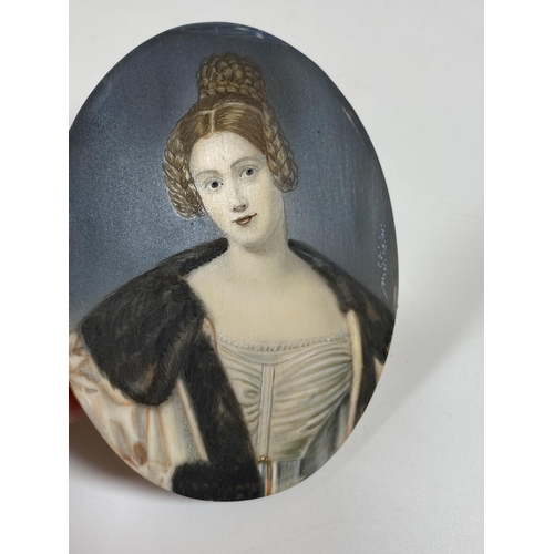 6 - AN EARLY 19TH CENTURY HAND PAINTED PORTRAIT OF A LADY, SIGNED M.STIELER, IN ORNATE BRASS OVAL FRAME ... 