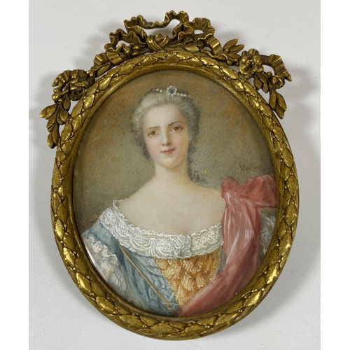 7 - A 19TH CENTURY HAND PAINTED PORTRAIT OF A LADY, INDISTINCTLY SIGNED, IN GILT RIBBON FRAME, LENGTH 10... 