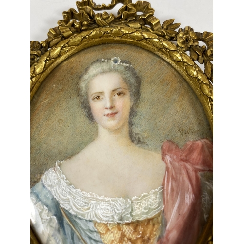 7 - A 19TH CENTURY HAND PAINTED PORTRAIT OF A LADY, INDISTINCTLY SIGNED, IN GILT RIBBON FRAME, LENGTH 10... 