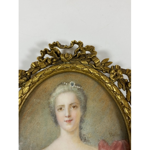 7 - A 19TH CENTURY HAND PAINTED PORTRAIT OF A LADY, INDISTINCTLY SIGNED, IN GILT RIBBON FRAME, LENGTH 10... 