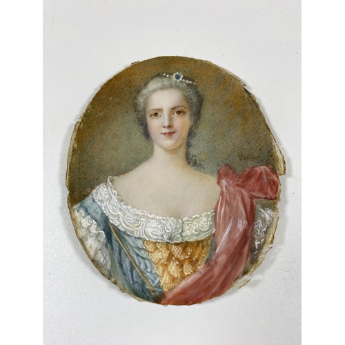 7 - A 19TH CENTURY HAND PAINTED PORTRAIT OF A LADY, INDISTINCTLY SIGNED, IN GILT RIBBON FRAME, LENGTH 10... 