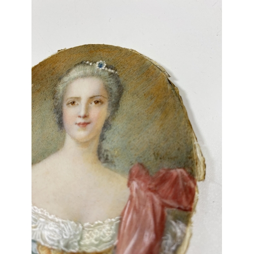 7 - A 19TH CENTURY HAND PAINTED PORTRAIT OF A LADY, INDISTINCTLY SIGNED, IN GILT RIBBON FRAME, LENGTH 10... 