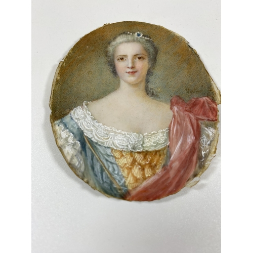 7 - A 19TH CENTURY HAND PAINTED PORTRAIT OF A LADY, INDISTINCTLY SIGNED, IN GILT RIBBON FRAME, LENGTH 10... 