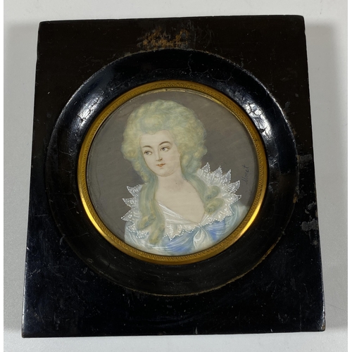 8 - A 19TH CENTURY HAND PAINTED PORTRAIT OF A LADY, SIGNED MONET, IN EBONISED WOODEN FRAME, 10 X 9CM