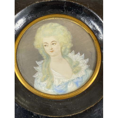 8 - A 19TH CENTURY HAND PAINTED PORTRAIT OF A LADY, SIGNED MONET, IN EBONISED WOODEN FRAME, 10 X 9CM