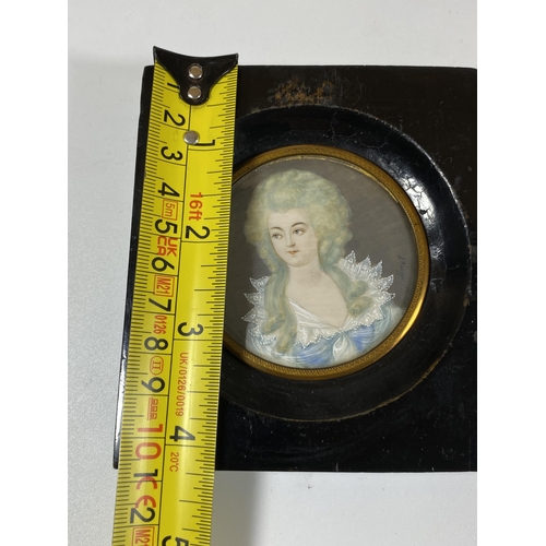 8 - A 19TH CENTURY HAND PAINTED PORTRAIT OF A LADY, SIGNED MONET, IN EBONISED WOODEN FRAME, 10 X 9CM