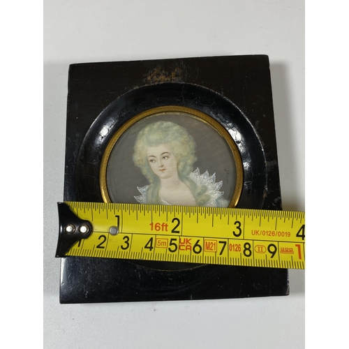 8 - A 19TH CENTURY HAND PAINTED PORTRAIT OF A LADY, SIGNED MONET, IN EBONISED WOODEN FRAME, 10 X 9CM