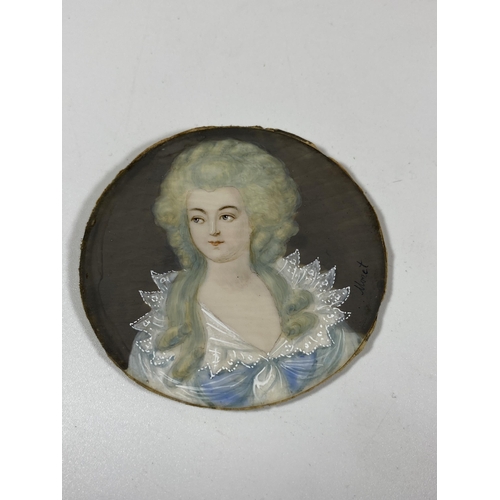 8 - A 19TH CENTURY HAND PAINTED PORTRAIT OF A LADY, SIGNED MONET, IN EBONISED WOODEN FRAME, 10 X 9CM